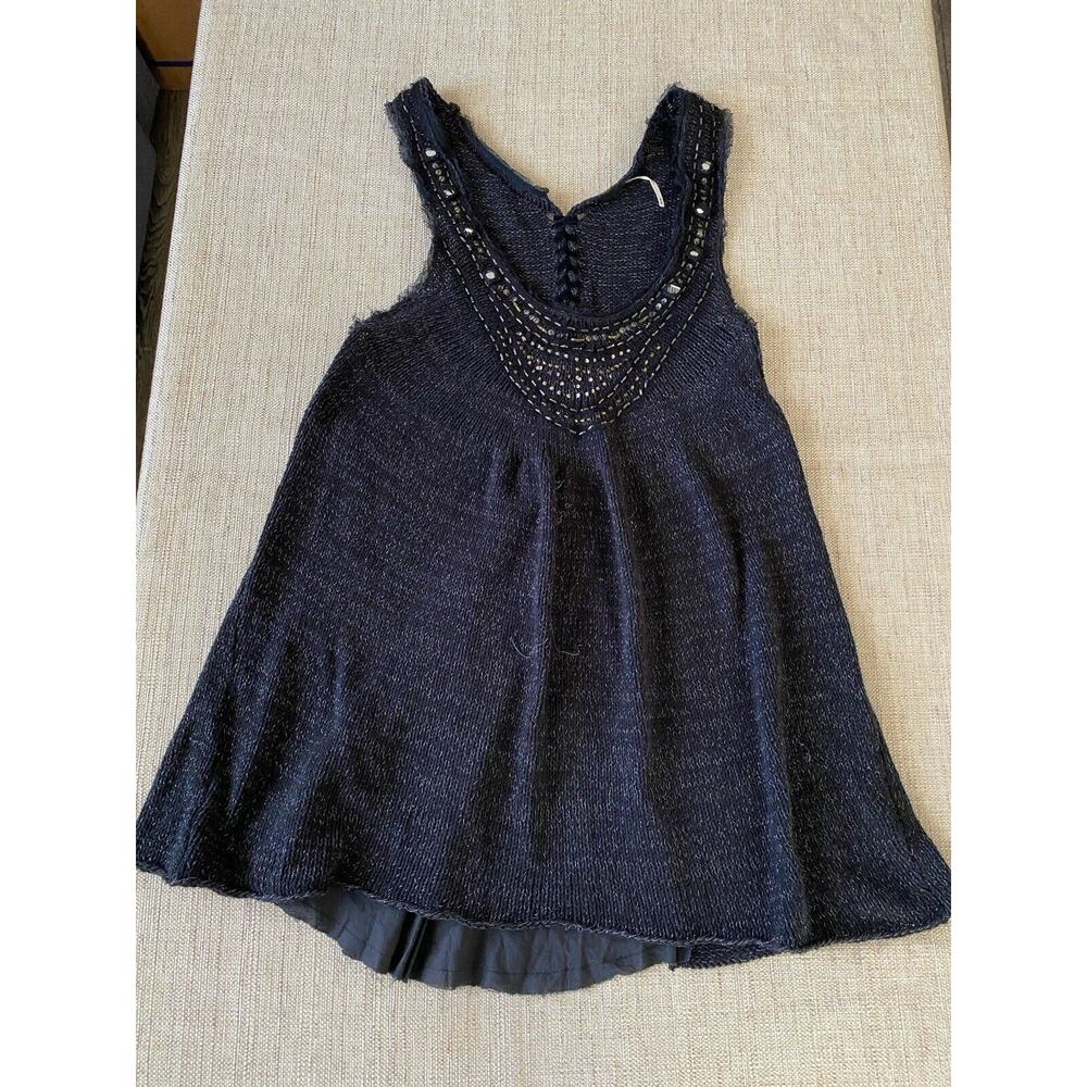 FREE PEOPLE Mini Dress Boho chic Beaded Black Silver Knit Raw Edges M